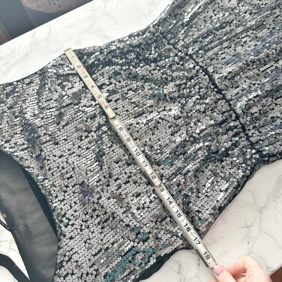 Elie Tahari Silver Sequin Black Mesh Mini Blouson Dress women's size small - Picture 7 of 14